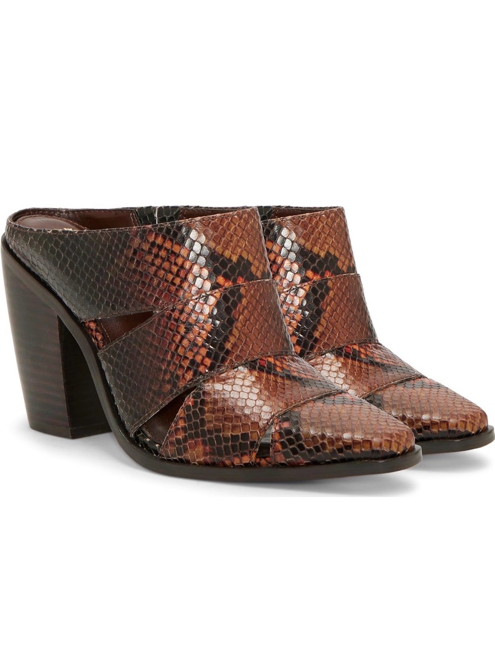 Vince Camuto Brown Snake-Print Leather Mule Heels